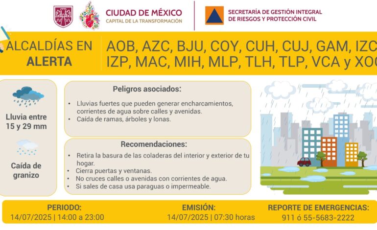 CDMX emite alerta amarilla por lluvias intensas y granizo este lunes